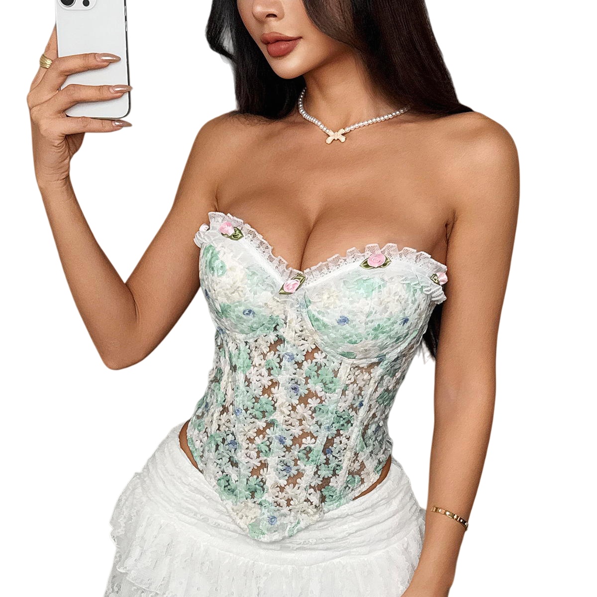 Vintage Floral Lace Corset Top Strapless Embroidery Corset Women Slim Tank Top